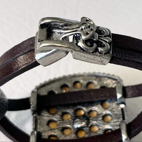 Vintage Leather Bracelet Silver Rhinestone Cross Yellow Crocodile - Picture 4 of 7